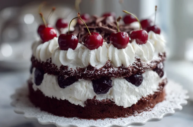 Classic Black Forest Cake Recipe with Whipped Cream and Cherries