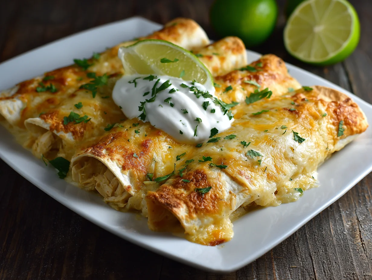 Creamy Green Chili Chicken Enchiladas with Sour Cream Sauce