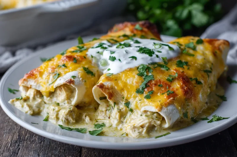 Creamy Green Chili Chicken Enchiladas with Sour Cream Sauce