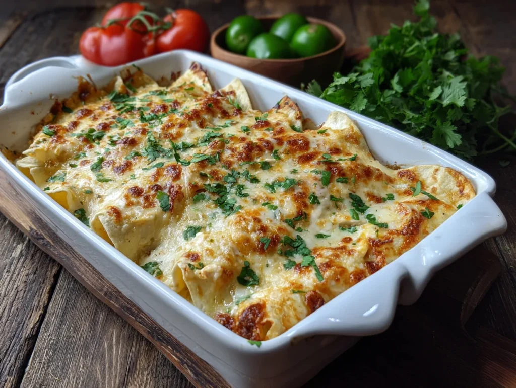 Creamy Green Chili Chicken Enchiladas with Sour Cream Sauce