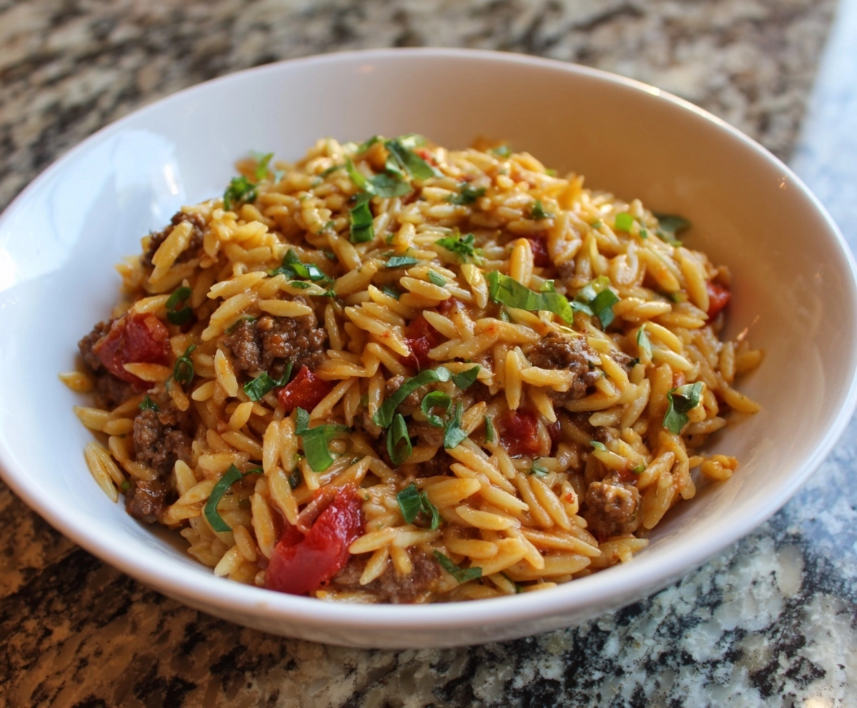 Ground Beef Orzo Recipe with Tomato Cream Sauce