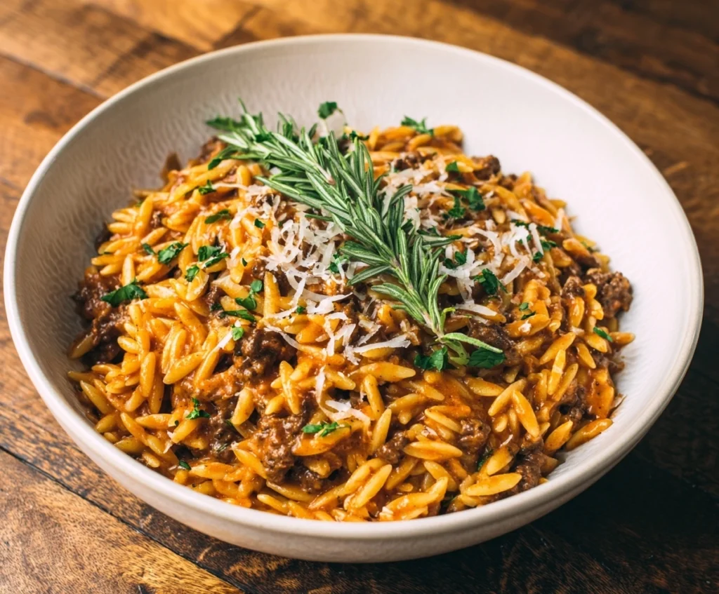 Ground Beef Orzo with Tomato Cream Sauce
