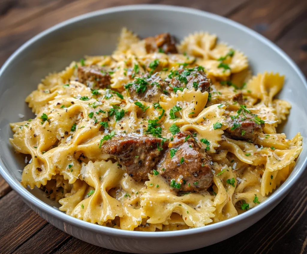 creamy beef and bowtie pasta