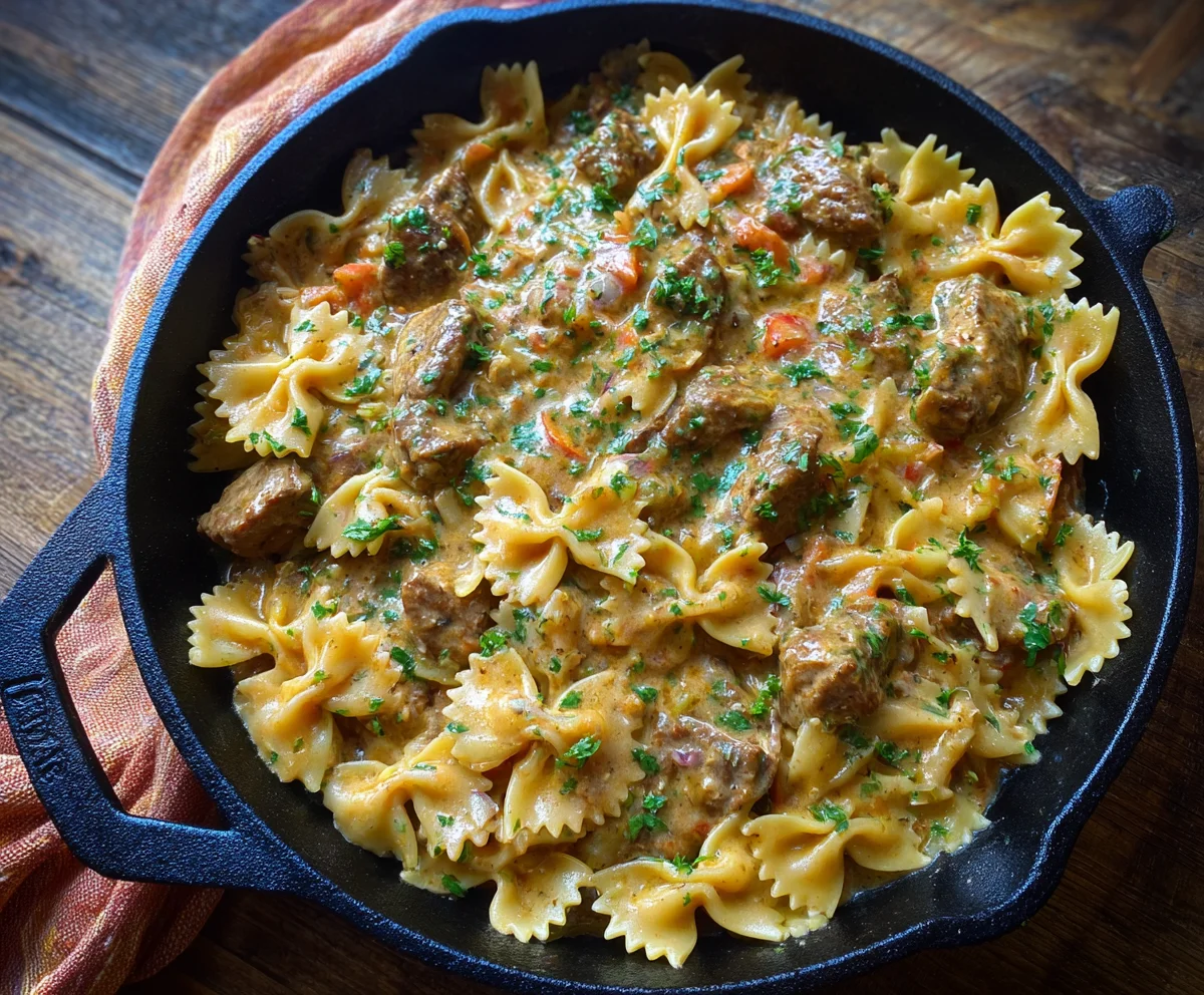 creamy beef and bowtie pasta