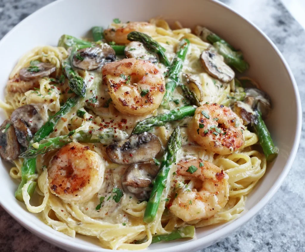 shrimp asparagus mushroom pasta